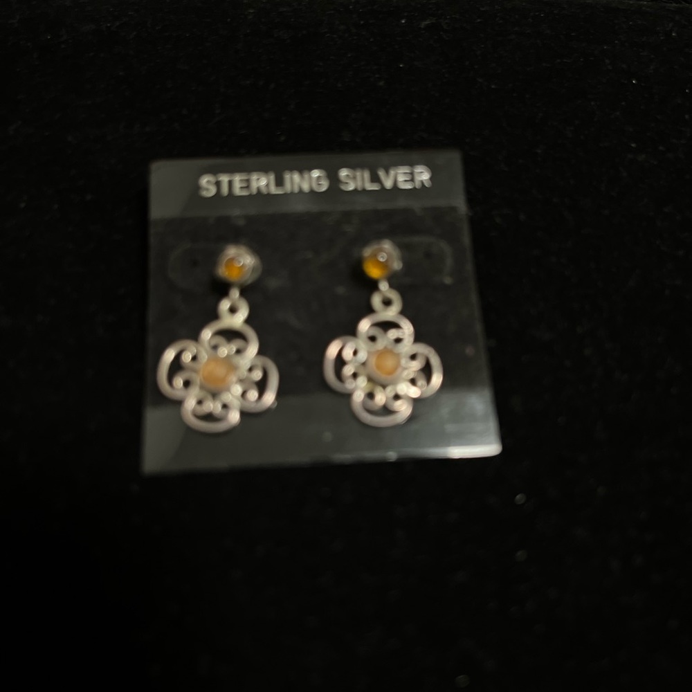 Sterling Silver Floral Earrings with Amber Accents